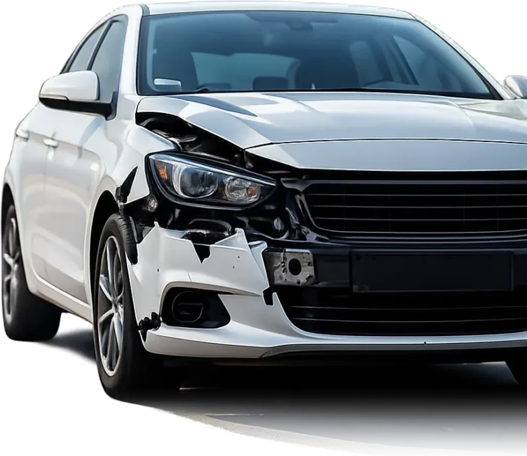 A white car with heavy front-end damage after a collision